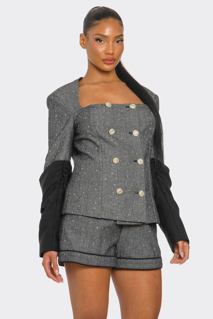 Double-breasted Tweed Blazer and Shorts Set in Large view 3 - Casual Office Outfit - Double Breasted Blazer Women