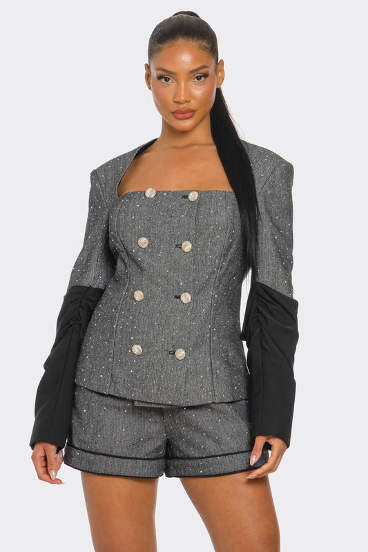 Double-breasted Tweed Blazer and Shorts Set in Medium view 2 - Casual Office Outfit - Double Breasted Blazer Women