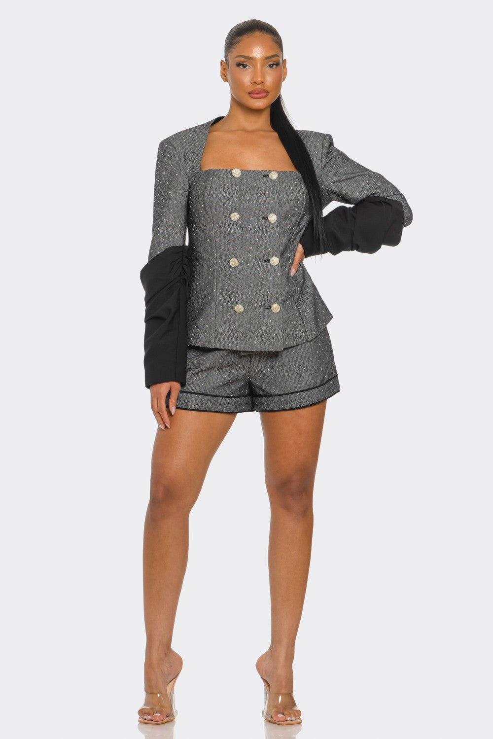 Double-breasted Tweed Blazer and Shorts Set in Small - Casual Office Outfit - Double Breasted Blazer Women (bottom)