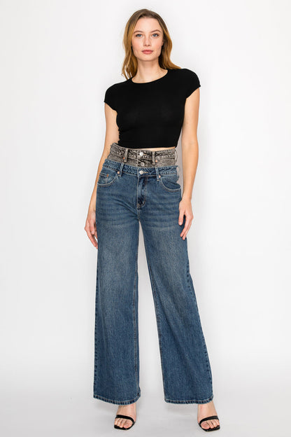 Double Snap on Waistband Layered Ultra High Rise Wide Jeans in 1 (24) - High-Waisted (bottom)
