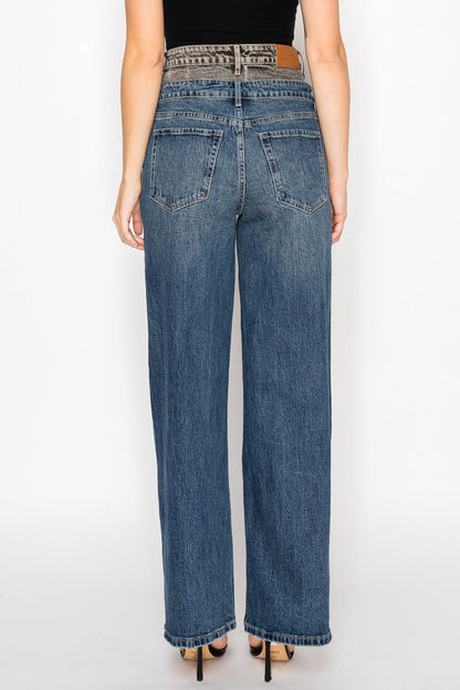 Double Snap on Waistband Layered Ultra High Rise Wide Jeans in 7 (27) view 4 - High-Waisted (bottom)