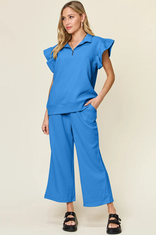 Double Take Texture Ruffle Short Sleeve Top and Drawstring Wide Leg Pants Set in Cerulean - Double Take Topic