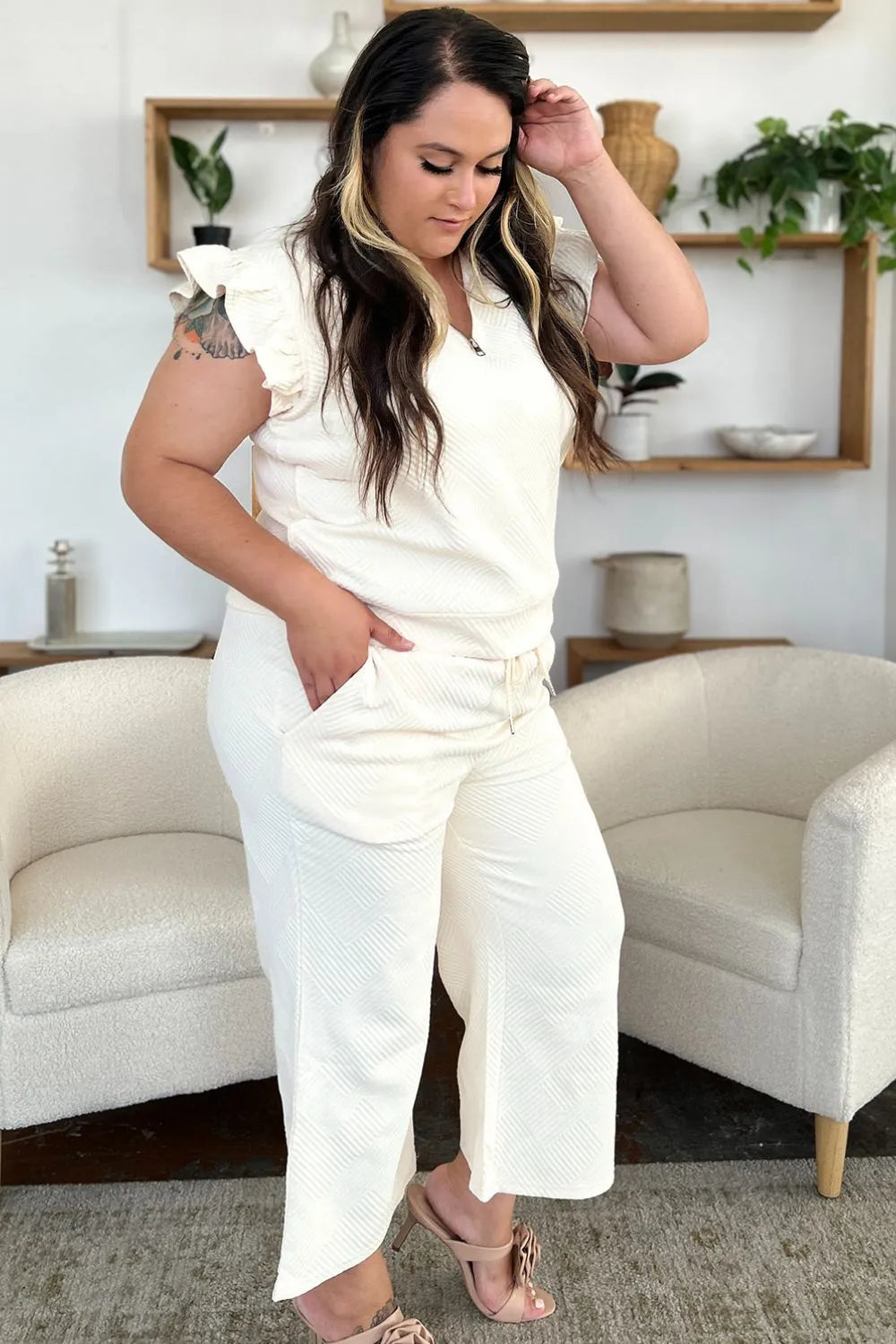 Double Take Texture Ruffle Short Sleeve Top and Drawstring Wide Leg Pants Set - MeeeShop Women's Fashion