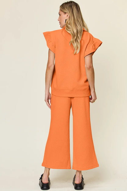Double Take Texture Ruffle Short Sleeve Top and Drawstring Wide Leg Pants Set - MeeeShop Women's Fashion
