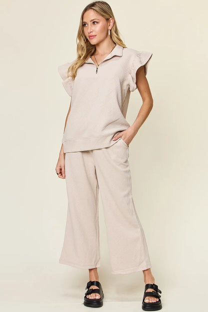 Double Take Texture Ruffle Short Sleeve Top and Drawstring Wide Leg Pants Set - MeeeShop Women's Fashion