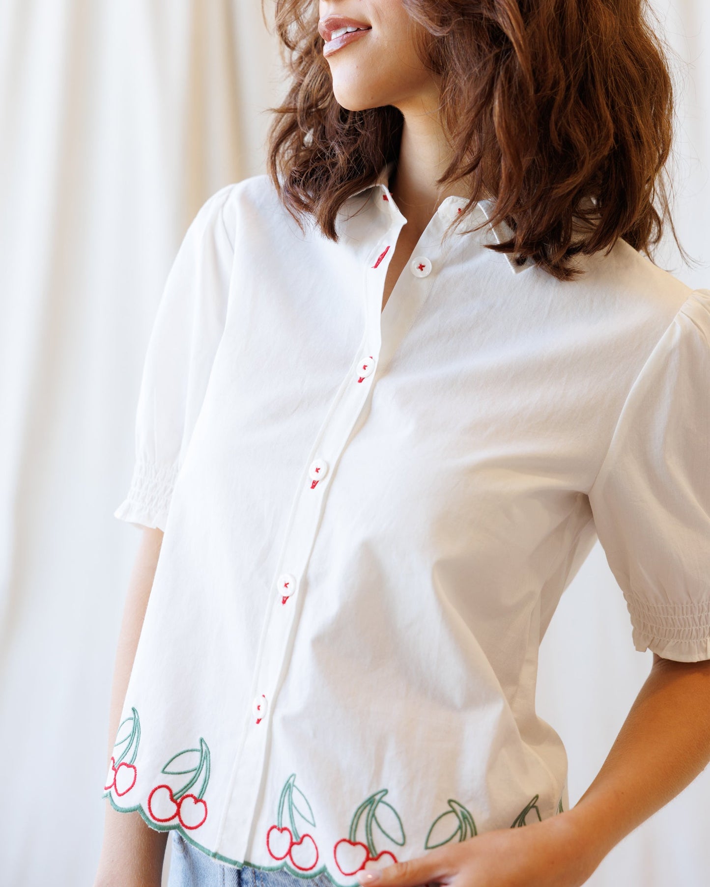 Downeast Cherry Cute Button Down Top in M view 3 - Cherry Button Down Shirt