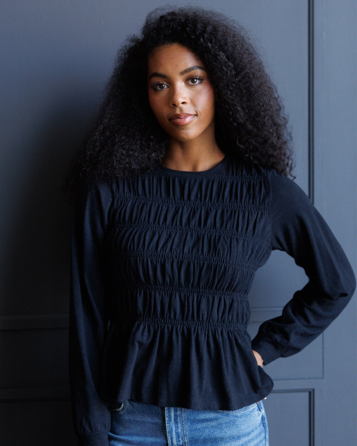 Downeast Long Sleeve Smocked Tee in L view 4 - Long Smocked Top