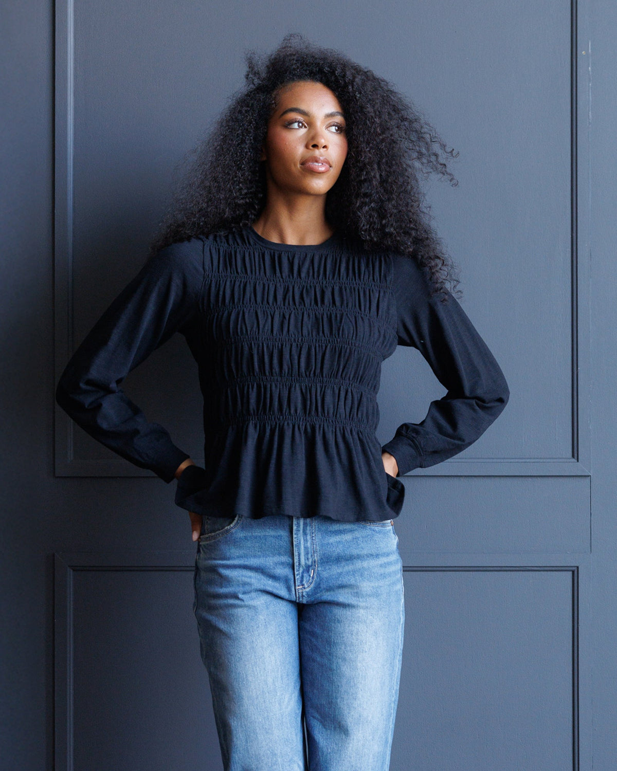 Downeast Long Sleeve Smocked Tee in S view 2 - Long Smocked Top