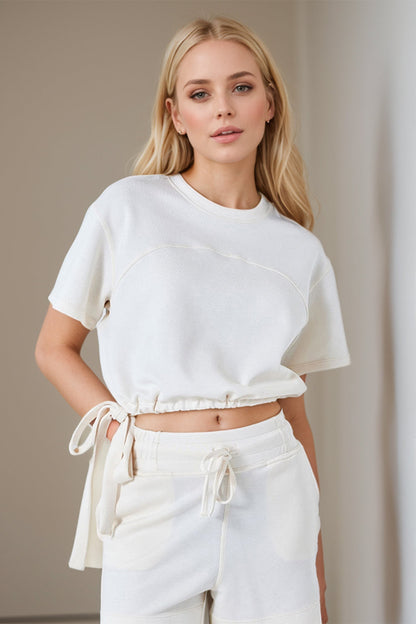 Drawstring Hem Air Scuba Round Neck Short Sleeve T-shirt - MeeeShop Women's Fashion