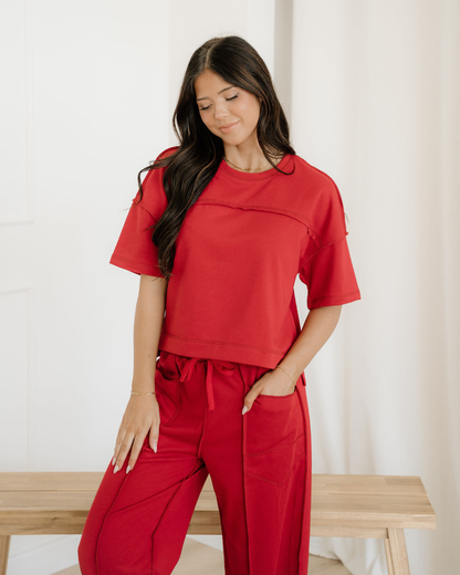 . Drop Shoulder Boxy Tee and Barrel Pants Set - Racing Red - MeeeShop Women's Fashion