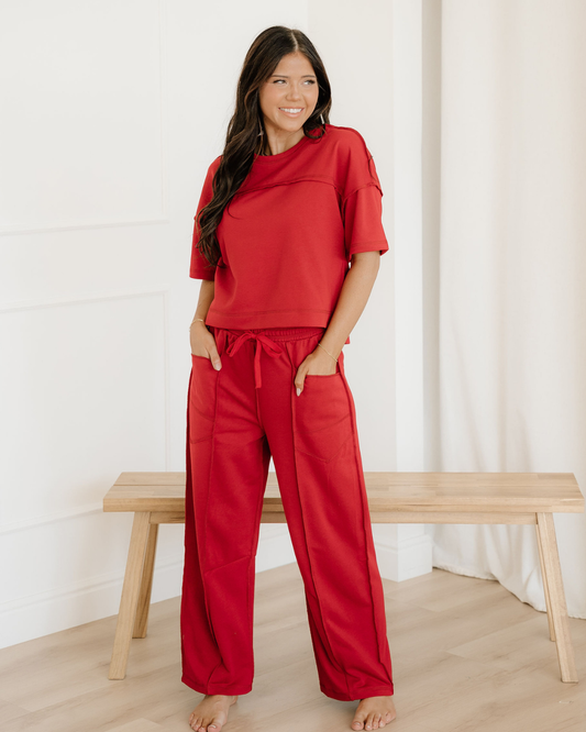 Drop Shoulder Boxy Tee and Barrel Pants Set - Racing Red in Racing Red view 2 - Drop Shoulder Red T Shirt (top)