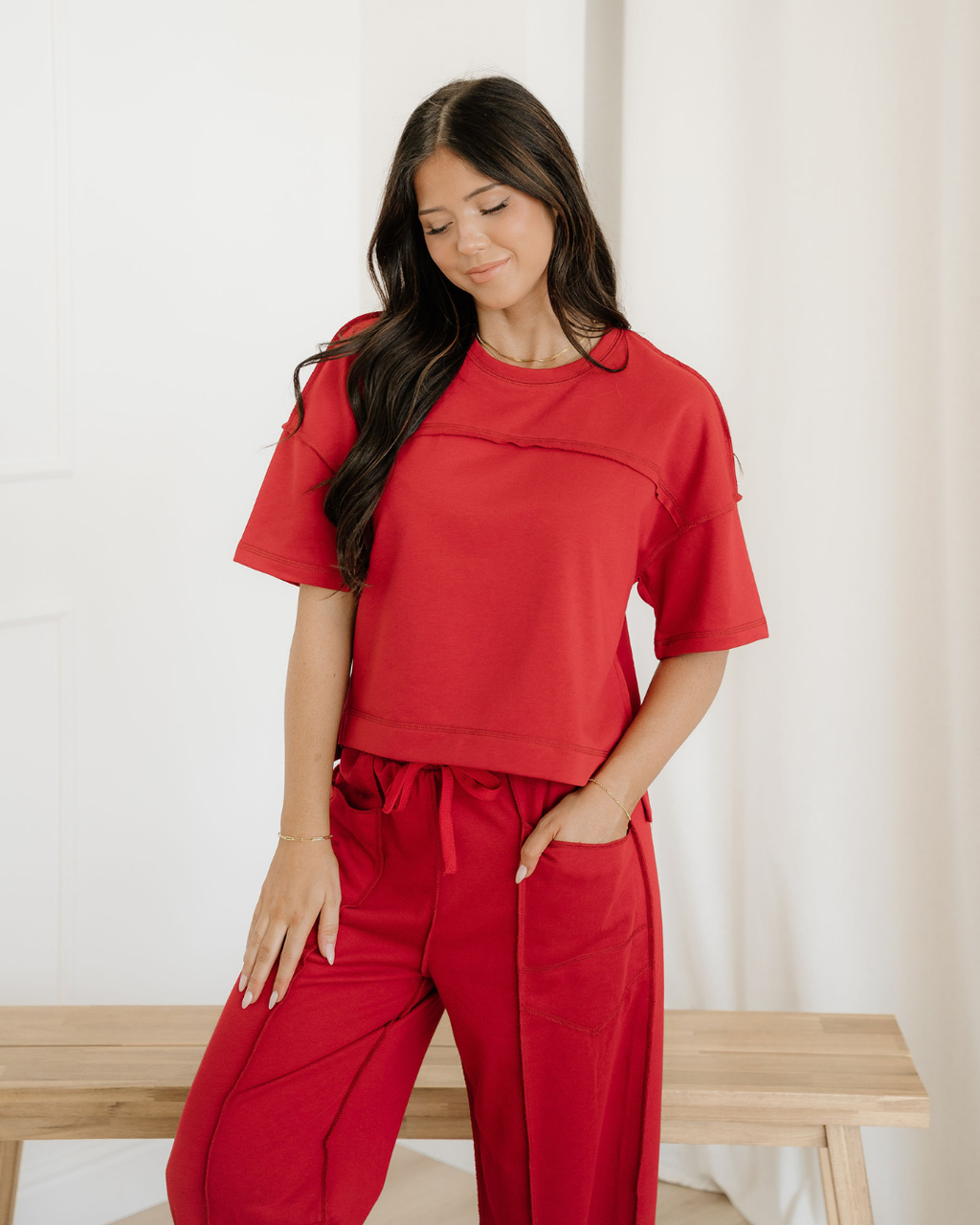 Drop Shoulder Boxy Tee and Barrel Pants Set - Racing Red Racing Red view 3 (top) - drop shoulder reddit - shop at us.meeeshop