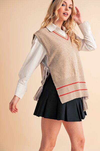 Aemi + Co Ribbed V-Neck Sweater Vest with Tassel - us.meeeshop