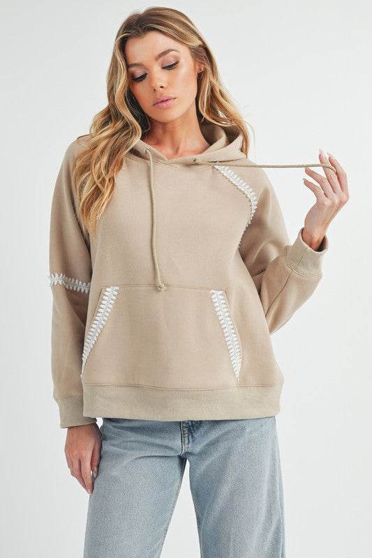 Aemi + Co Lace Detail Drawstring Hoodie with Kangaroo Pocket in Oatmeal - us.meeeshop