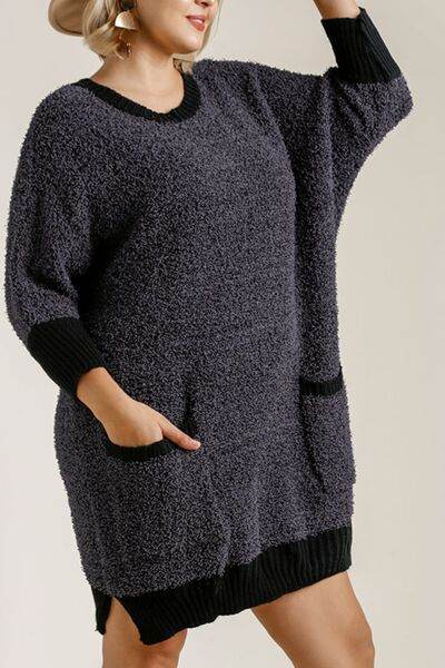 Umgee Ribbed Hem Round Neck 3/4 Sleeve Sweater Dress with Pockets Plus Size - us.meeeshop