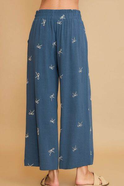 Umgee Lace Drawstring Embroidered Bow Wide Leg Pants Plus Size - us.meeeshop