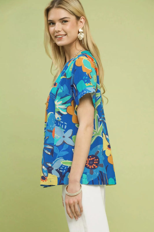Umgee Abstract Floral Pleated Blouse (women's shirts & tops) view 2 - shop at us.meeeshop