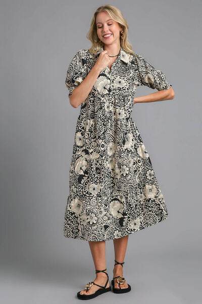 Umgee Printed Smocked Cuff Puff Sleeve Midi Dress Plus Size - us.meeeshop