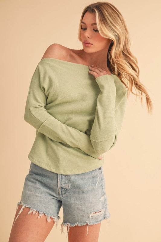 Aemi + Co One Shoulder Long Sleeve Knit Top in Sage - us.meeeshop