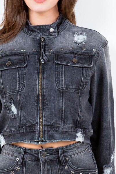 American Bazi Distressed Star Stud Trim Denim Rider Jacket Plus Size - us.meeeshop