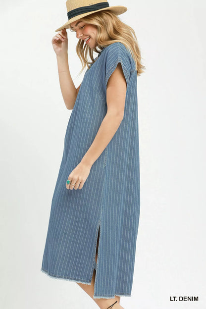 umgee pinstripe denim Umgee Pinstripe Denim Collared Midi Dress with Side Slits view 2 (dress) - shop at us.meeeshop