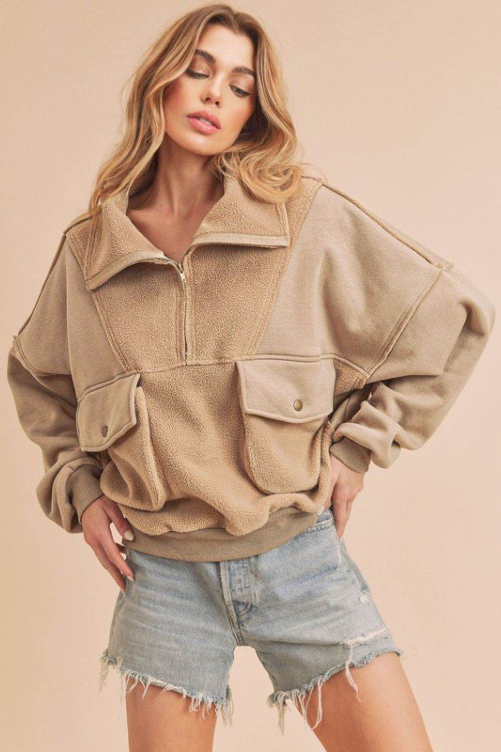 Aemi + Co Exposed Seam Half Zip Sweatshirt with Pockets in Oatmeal - us.meeeshop