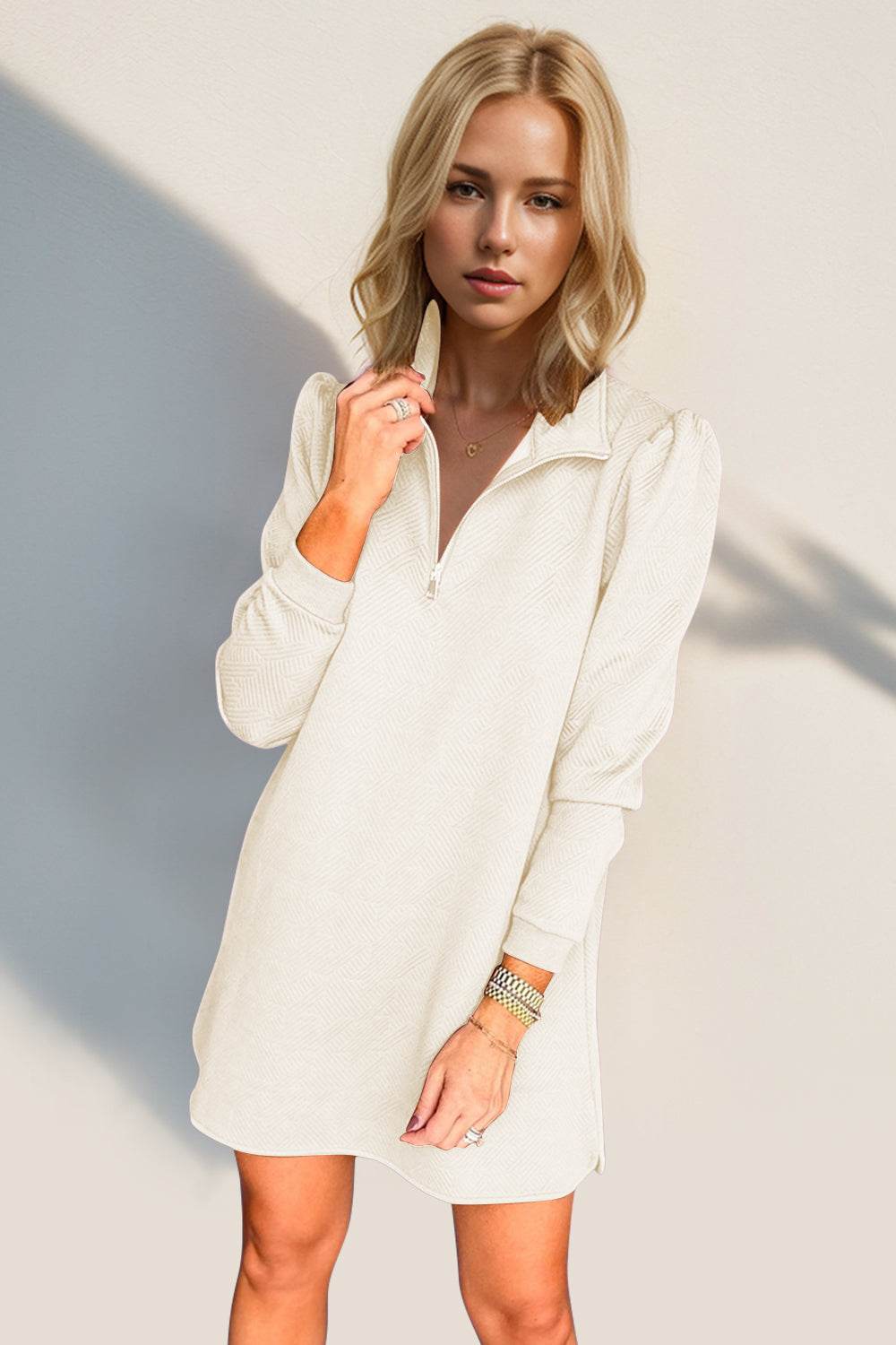 Double Take Textured Quarter Zip Long Sleeve Dress - us.meeeshop