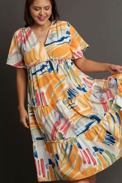 Umgee Abstract Print Flutter Sleeve Frill Tiered Midi Dress Plus Size - us.meeeshop