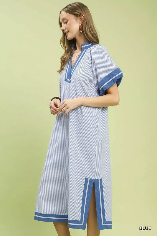 Umgee Pinstripe Contrast Trim Midi Dress (women's dresses) view 2 - shop at us.meeeshop