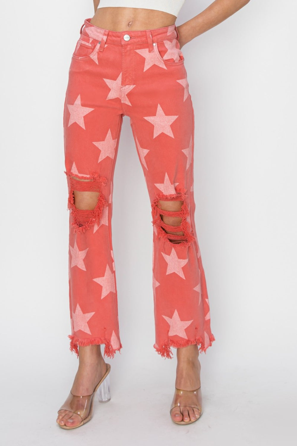 RISEN Full Size Distressed Raw Hem Star Pattern Jeans | us.meeeshop