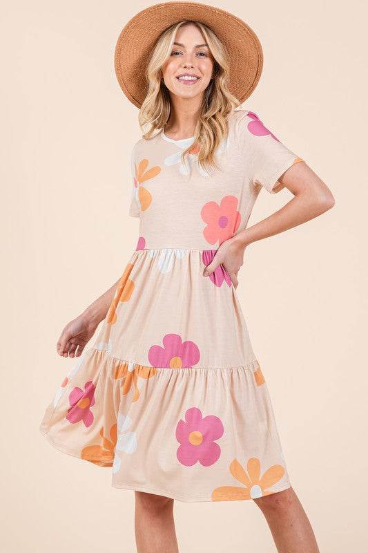 BOMBOM Floral Round Neck Short Sleeve Tiered Dress - us.meeeshop