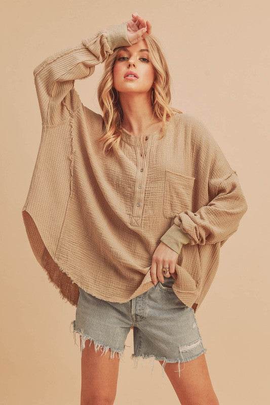 Aemi + Co Exposed Seam Raw Hem Half Button Top in Oatmeal - us.meeeshop