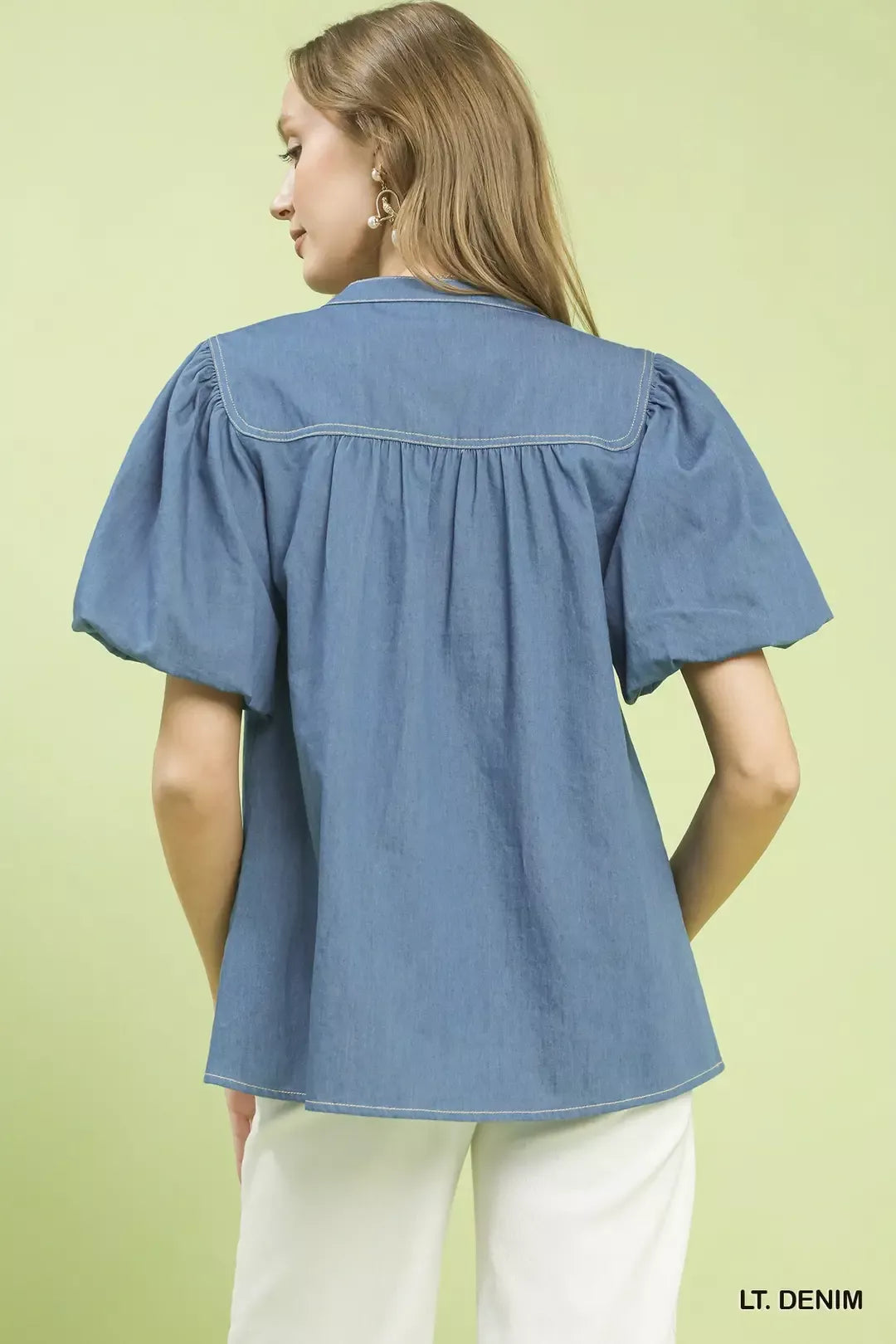 umgee denim button Umgee Denim Button Front Puff Sleeve Boho Blouse view 3 (top) - shop at us.meeeshop