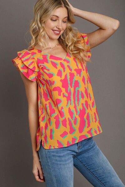 Umgee Abstract Print V-Neck Double Layer Ruffle Sleeve Blouse Plus Size - us.meeeshop