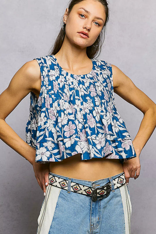 pol floral round POL Floral Round Neck Cropped Pintuck Tank view 2 (top) - shop at us.meeeshop