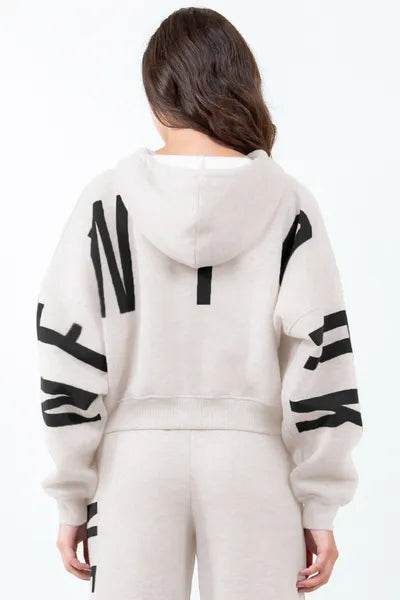 American Bazi Letter Graphic Long Sleeve Drawstring Cropped Hoodie - us.meeeshop