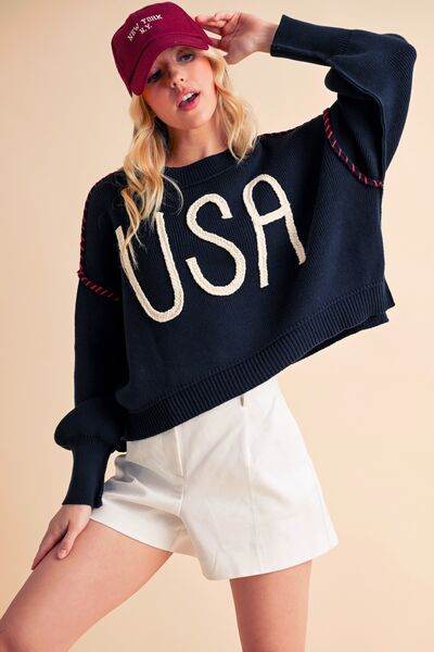 Aemi + Co USA Side Slit Round Neck Sweater - us.meeeshop