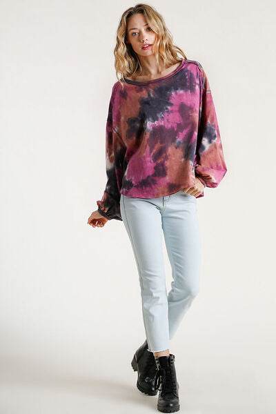 Umgee Tie Dye Round Neck Long Balloon Sleeve Top Plus Size - us.meeeshop