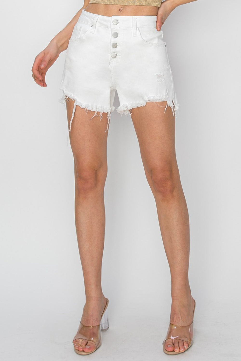 RISEN Button Fly Frayed Hem Denim Shorts | us.meeeshop