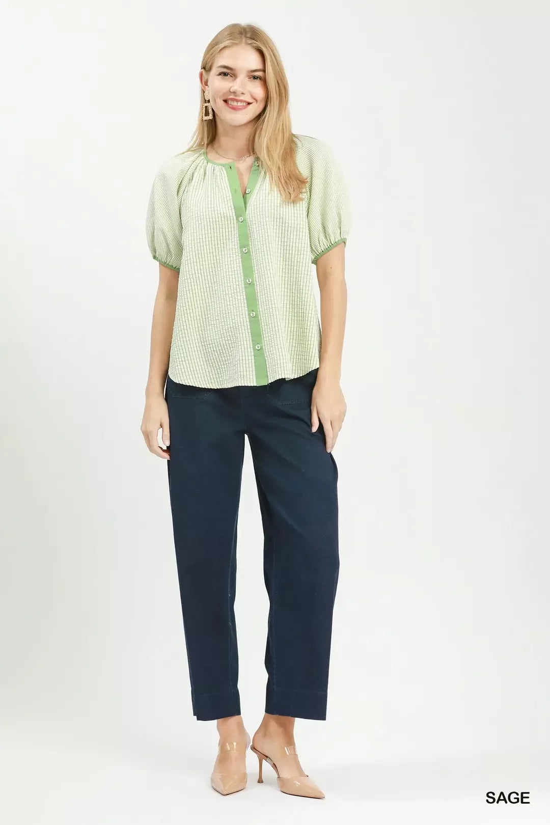 umgee checker puff Umgee Checker Puff Sleeve Button Front Blouse view 5 (top) - shop at us.meeeshop