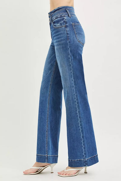 risen high rise Risen High Rise Wide Leg Wide Band Detail Jeans view 4 (bottom) - shop at us.meeeshop