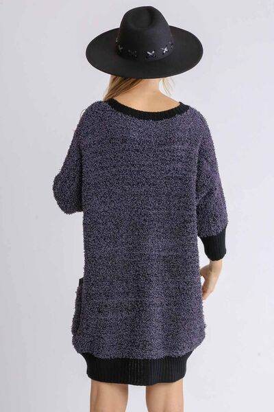 Umgee Ribbed Hem Round Neck 3/4 Sleeve Sweater Dress with Pockets Plus Size - us.meeeshop