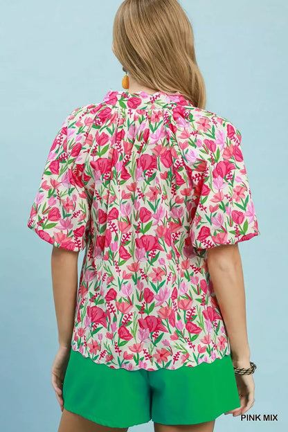 umgee floral puff Umgee Floral Puff Sleeve Blouse with Scalloped Details view 3 (top) - shop at us.meeeshop