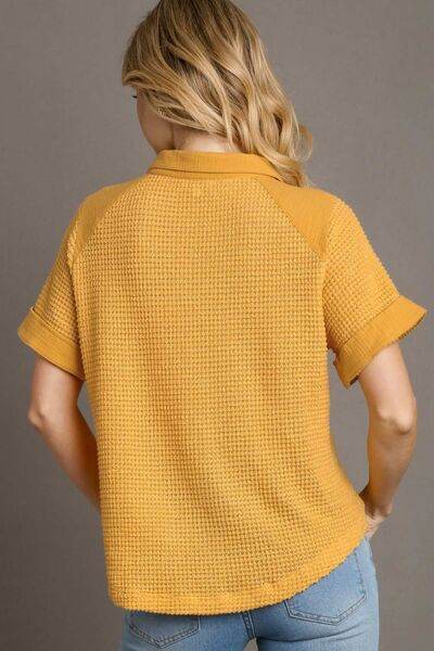 Umgee Waffle-Knit Short Sleeve Button Down Shirt Plus Size - us.meeeshop