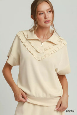 Umgee Ruffle Quarter Zip Short Sleeve Top