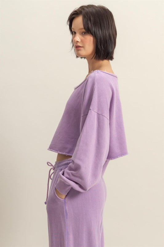 HYFVE Frayed Detail Boat Neck Long Sleeve Crop Top in Lilac - us.meeeshop