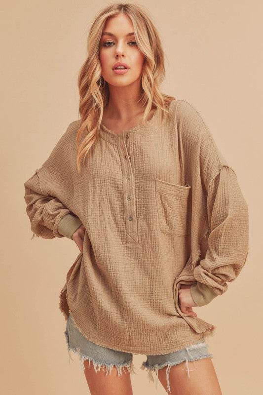 Aemi + Co Exposed Seam Raw Hem Half Button Top in Oatmeal - us.meeeshop