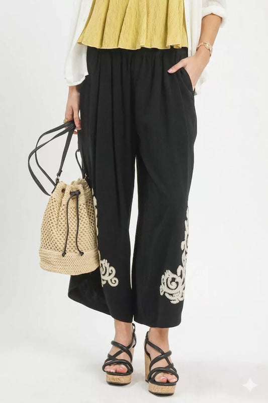 Umgee Linen Embroidered Wide-leg Boho Pants BLACK - Women's Bottom | MeeeShop