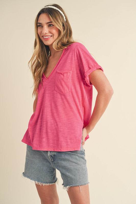 Aemi + Co Side Slit V-Neck Short Rolled Sleeve T-Shirt in Hot Pink - us.meeeshop