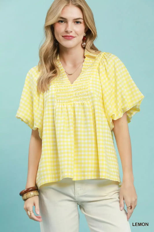 umgee smocked yoke Umgee Smocked Yoke Puff Sleeve Gingham Blouse LEMON (top) - shop at us.meeeshop